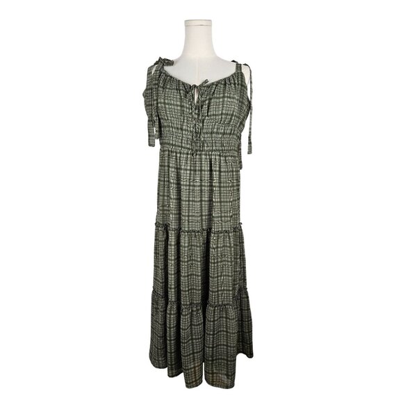 Francesca's Joy Plaid Tiered Maxi Dress XL Green Tie Straps Milk Maid Boho - Picture 3 of 11